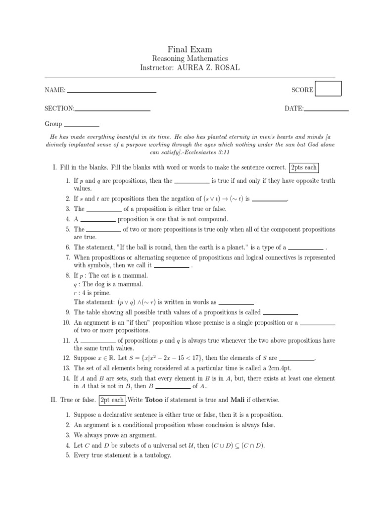 Final Exam: Reasoning Mathematics Test | PDF | Proposition | Truth