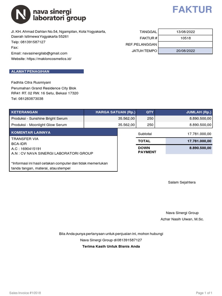 Contoh Invoice Pembayaran DP 50% | PDF