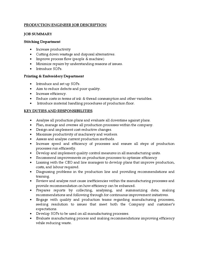 Production Engineer Job Description PDF