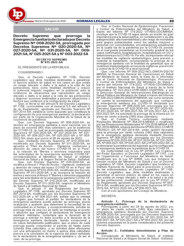 Prorrogan Estado De Emergencia Por 180 Dias Hasta Febrero 2023