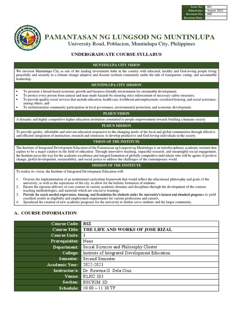 RIZ - Rizal's Life and Works - Sem 2, AY 2022-2023_3D | PDF | Lecture ...