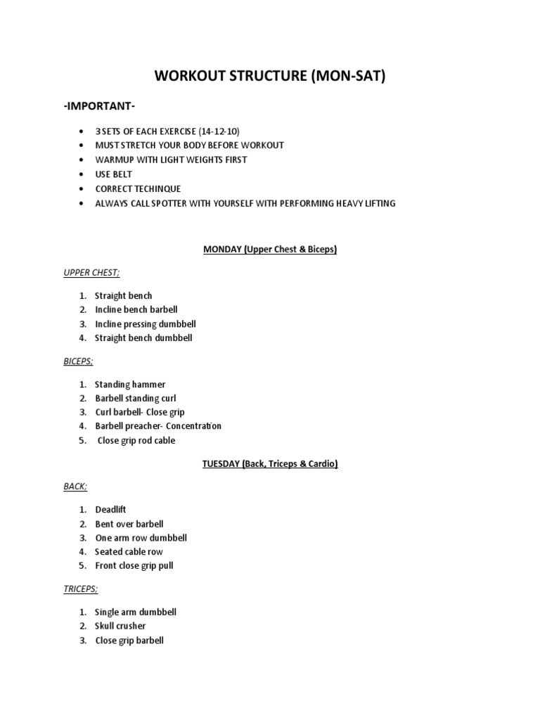 Weekly Workout Structure Guide | PDF | Physical Exercise | Weight Training