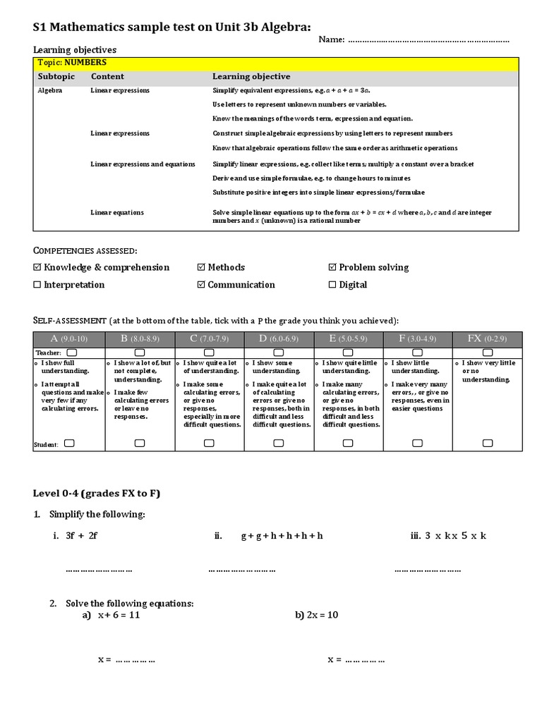 S1 Mathematics Sample Test On Unit 3b Algebra:: Subtopic Content ...