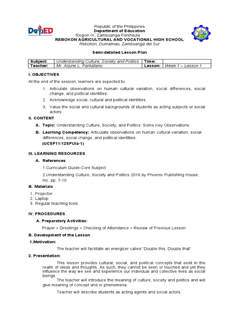 UCSP Semi-Detailed Lesson Plan | PDF | Teachers | Lesson Plan