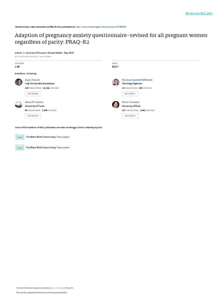 PRAQ-R2: Revised Pregnancy Anxiety Tool | PDF | Pregnancy | Childbirth