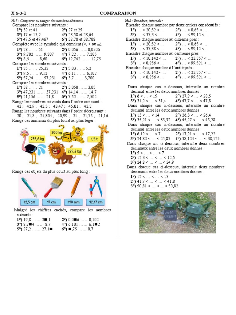 Exercice de comparaison décimale 6-3-1 | PDF