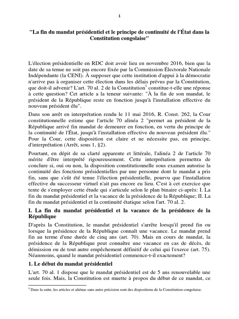 Continuité de l'État en RDC : Mandat présidentiel | PDF | Constitution ...