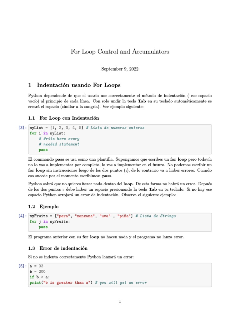 For Loop Control and Accumulators: 1 Indentación Usando For Loops | PDF ...