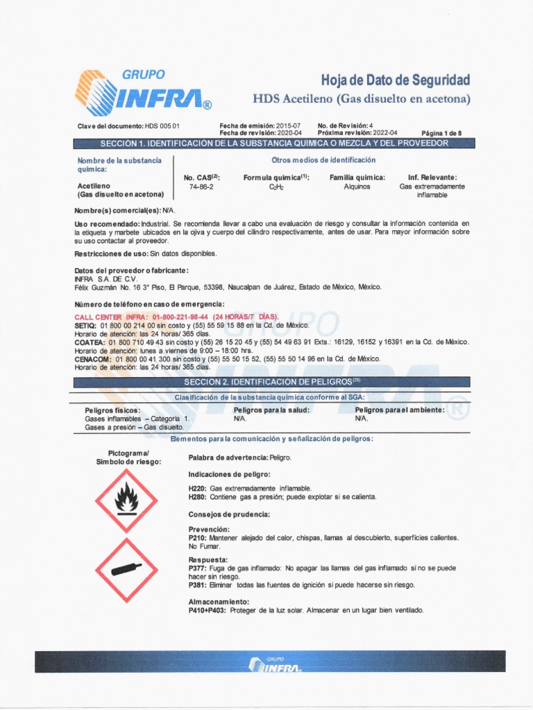 Hoja de Datos de Seguridad Del Acetileno | PDF
