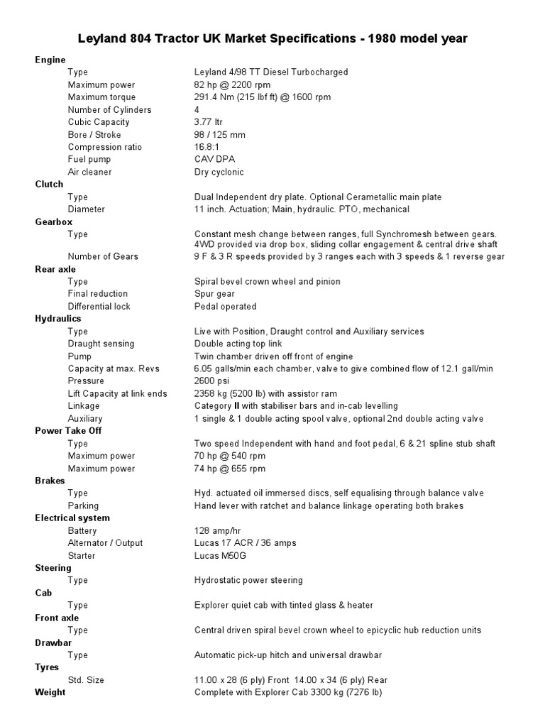 Leyland 804 Tractor UK Market Specifications - 1980 Model Year | PDF ...