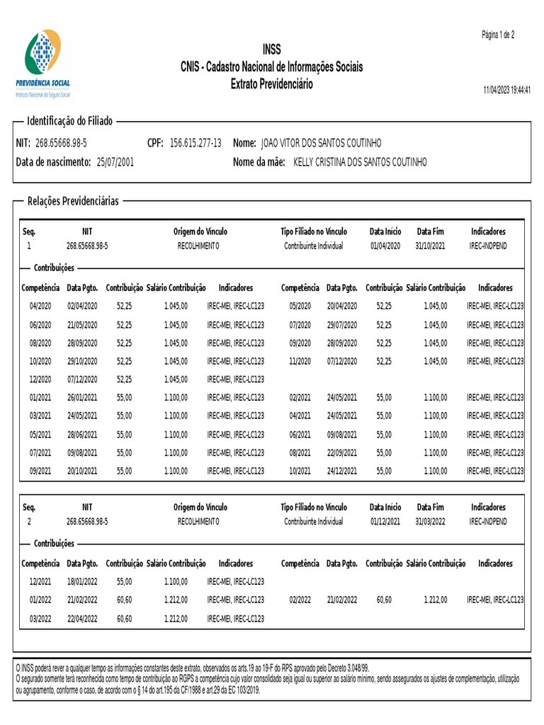 Inss CNIS - Cadastro Nacional de Informações Sociais Extrato ...