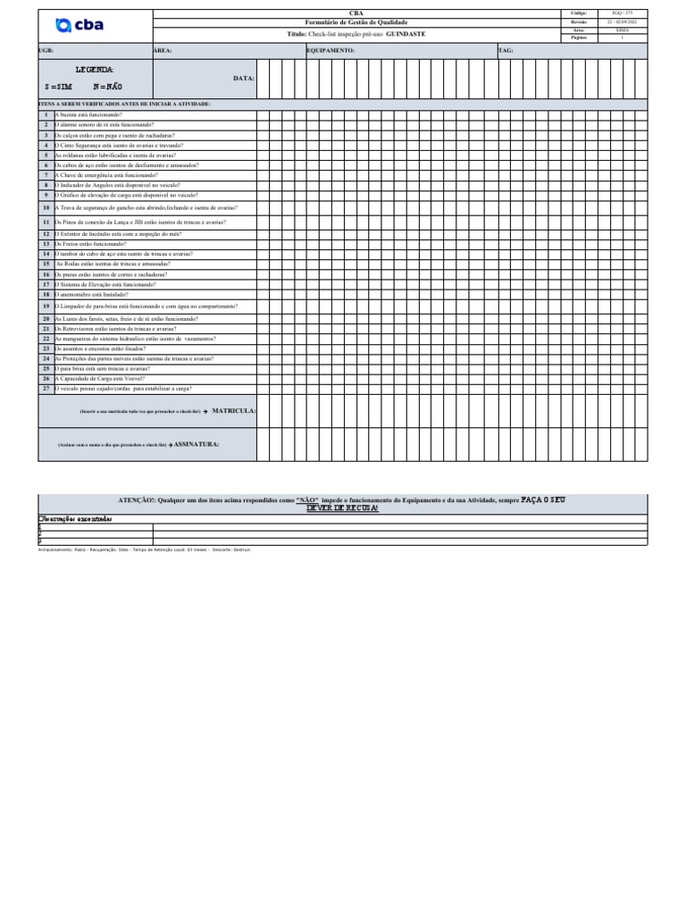 FGQ 375 - Check List Veículos de Guindar | PDF