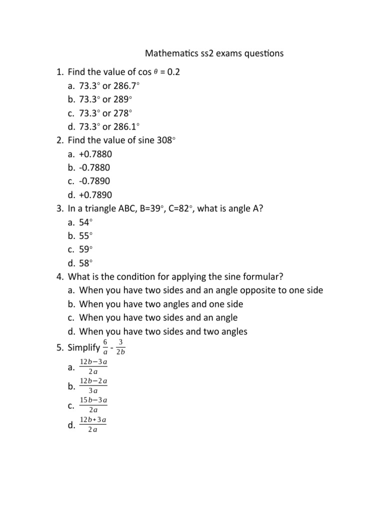 Mathematics ss2 exams questions pdf circle triangle