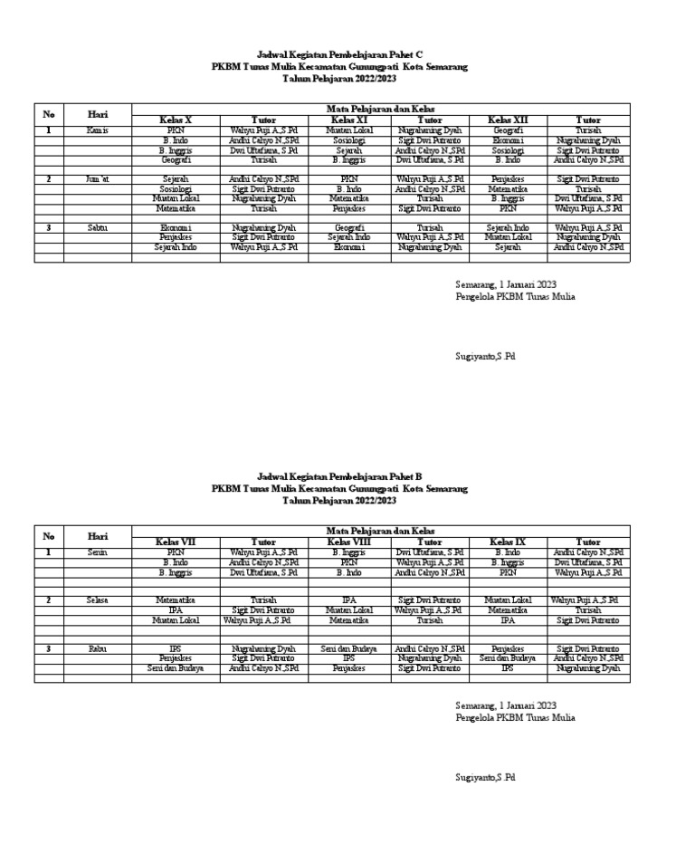 Jadwal Pembelajaran Paket C & B 2022/2023 | PDF