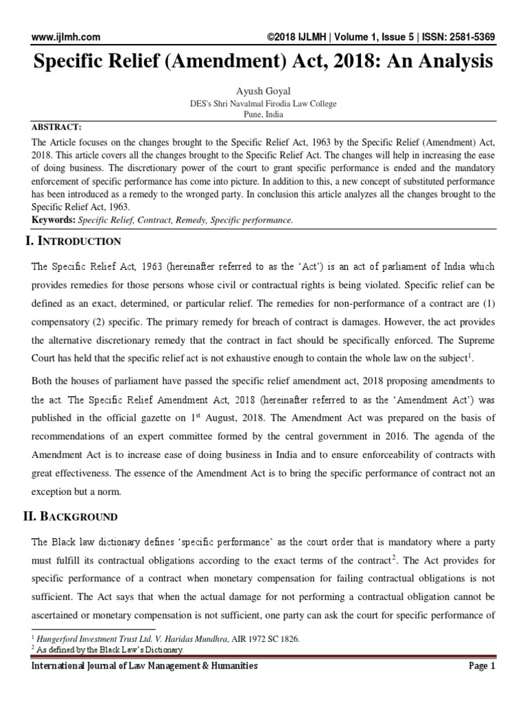 Specific Relief Amendment Act 2018 An Analysis PDF Specific
