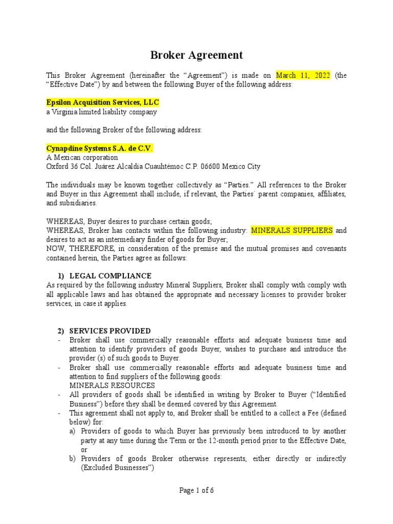 Broker Agreement for Mineral Resource Supplier Introductions in Latin