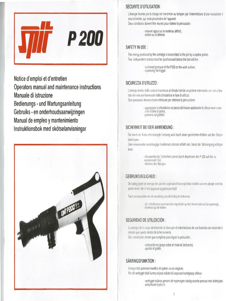 Spit P200 Powder Actuated Nail Gun Operators Manual and Maintenance Instructions PDF