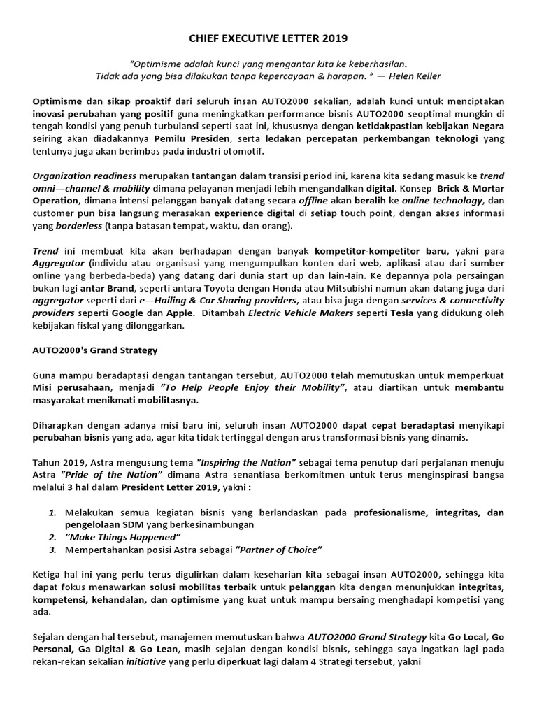 CEO Letter 2019 Summary For Branch Employee | PDF