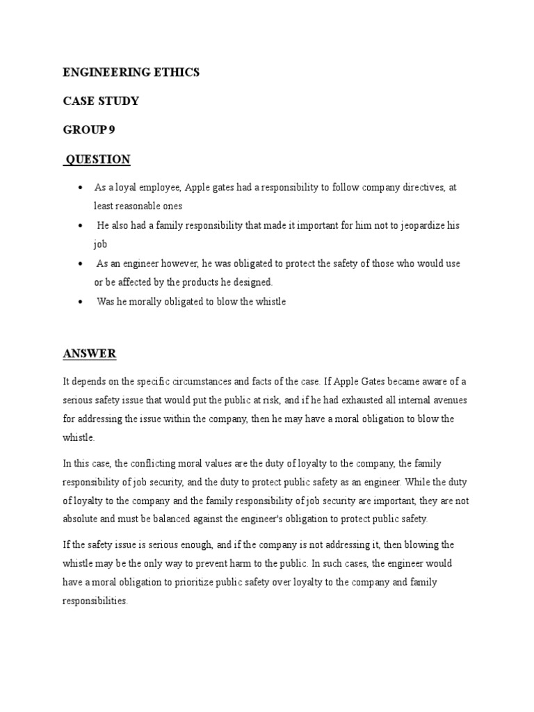 ENGINEERING ETHICS (Case Study Group 9) PDF Whistleblower Safety