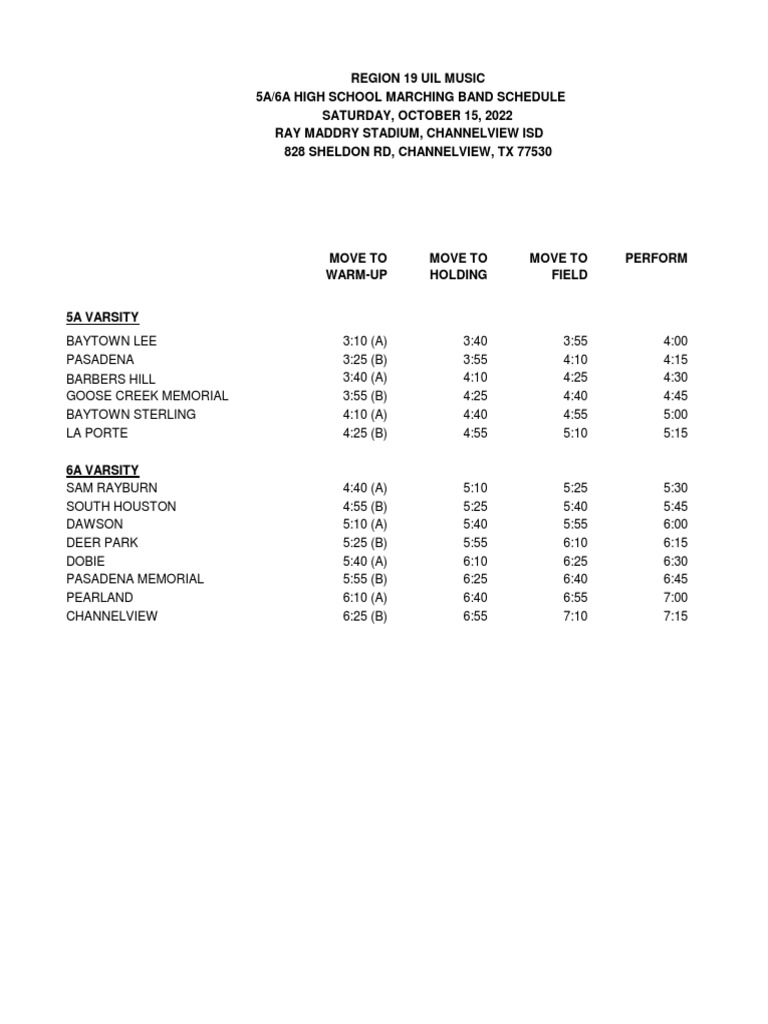2022 Region 19 Marching Schedule PDF