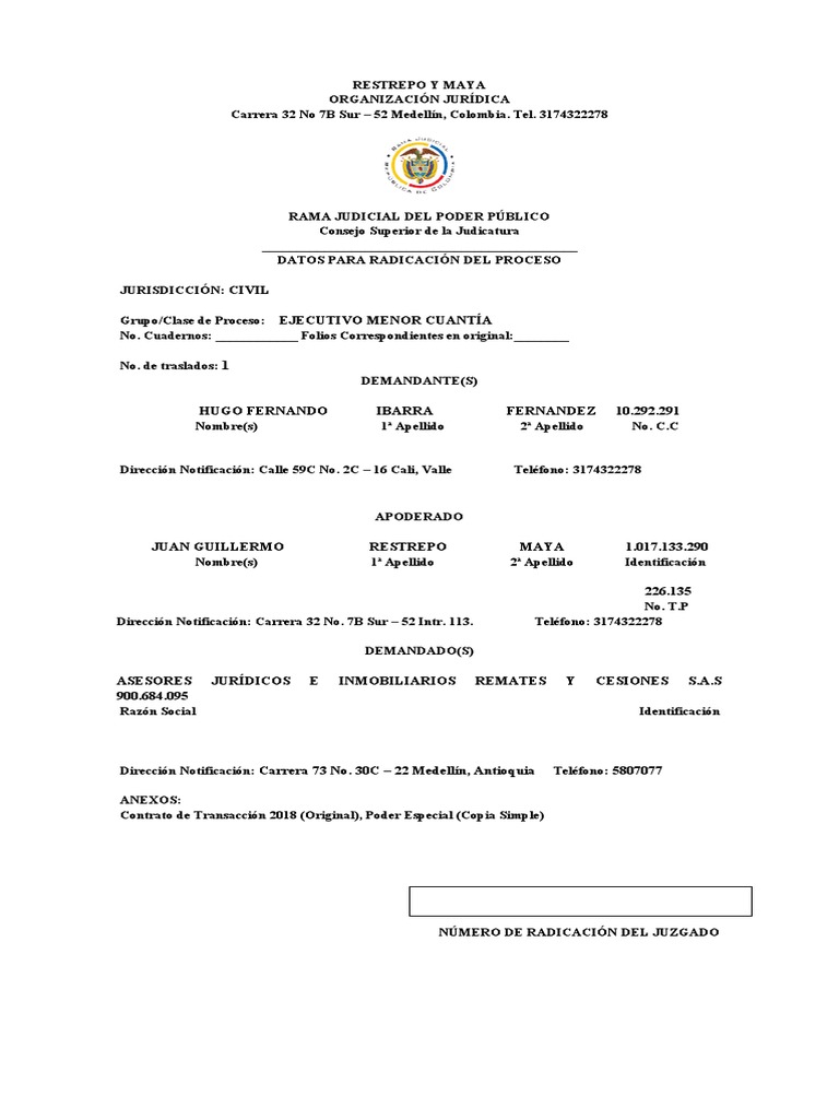 FORMATO+CARÁTULA+PRESENTAR+DEMANDA+RAMA+JUDICIAL | PDF