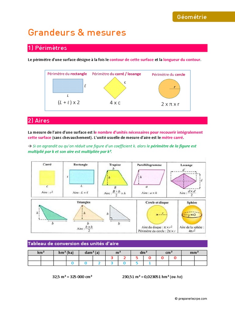 Gc3a9omc3a9trie Fiche 7 Grandeurs Et Mesures | PDF | Zone | Métrologie