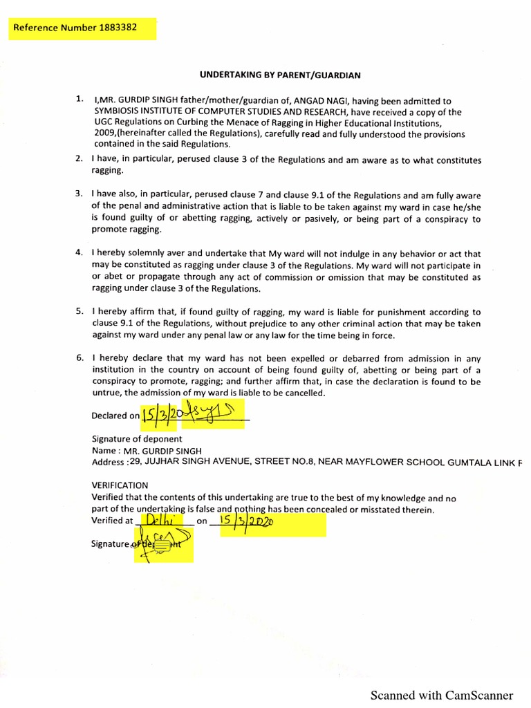 Sample of Student Anti Ragging Undertaking | PDF