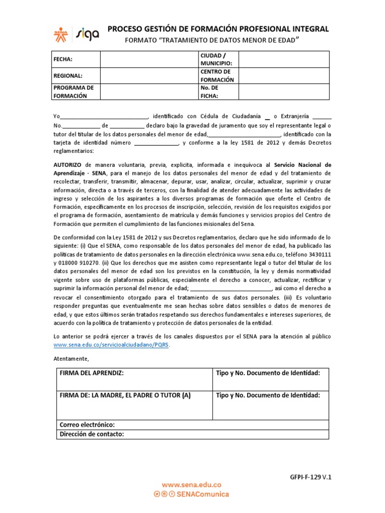 GFPI-F-129 Formato Tratamiento de Datos Menor de Edad | PDF | Justicia ...