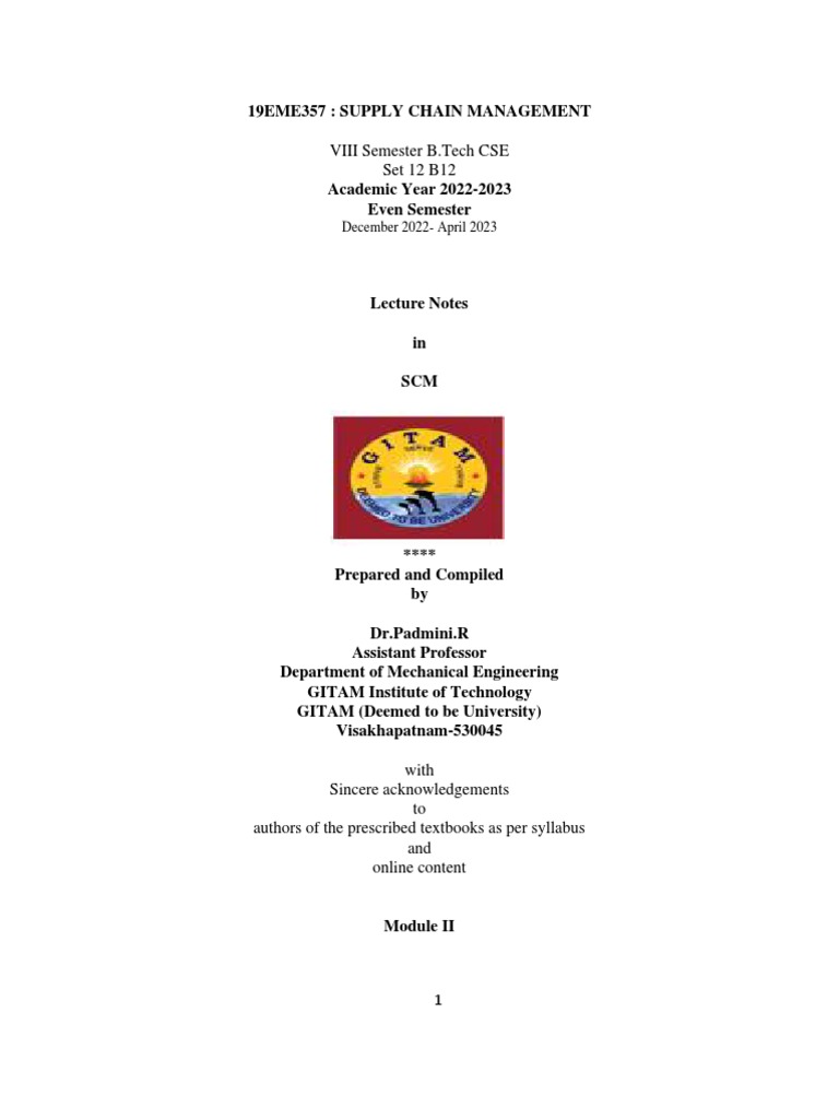 Supply Chain Management Lecture Notes | PDF | Supply Chain | Supply ...