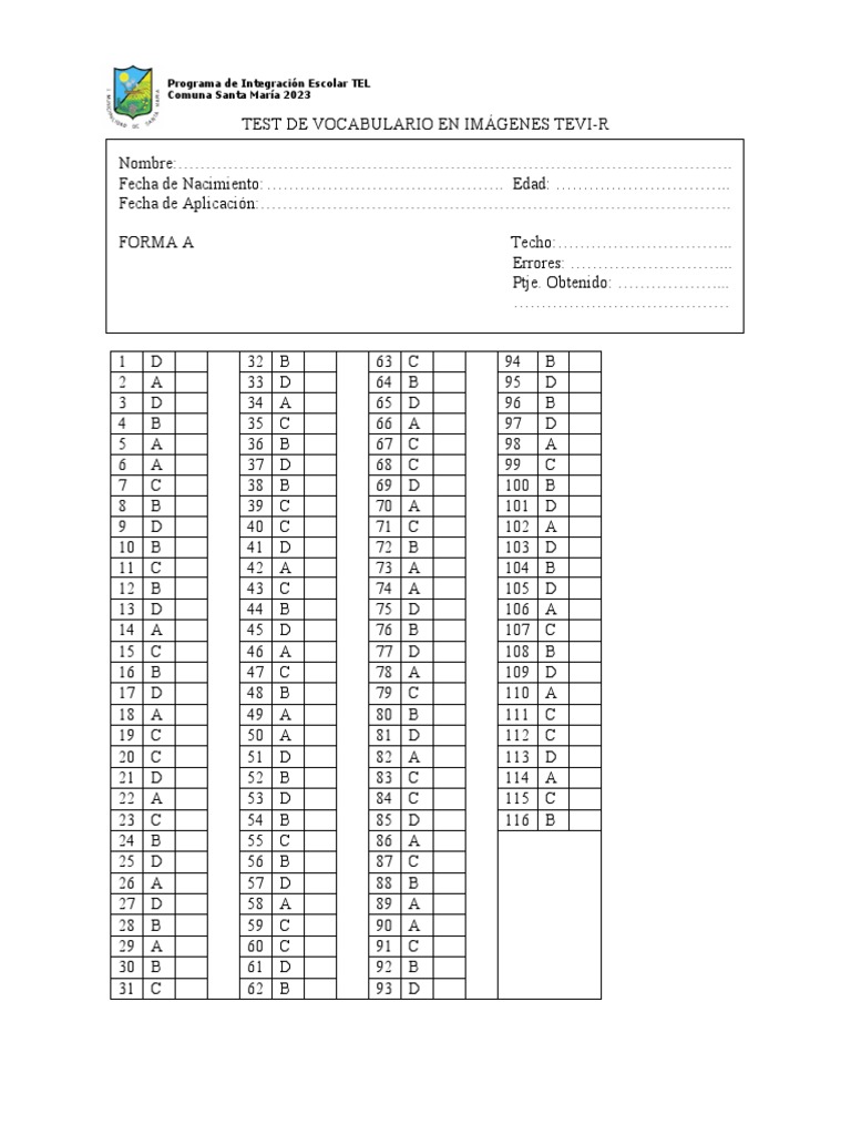 Test de Vocabulario TEVI-R 2023 | PDF