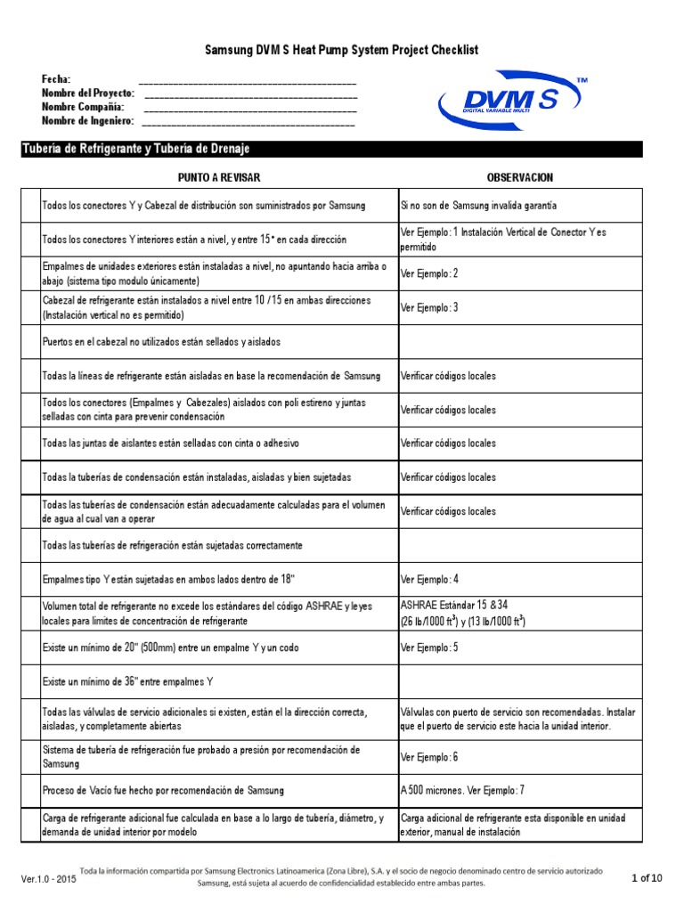 Checklist de Instalación Samsung DVM S | PDF | Tubería (transporte de ...