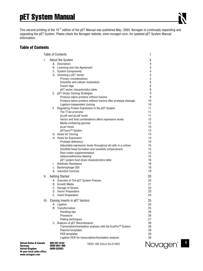 Novagen pET System Manual PDF Molecular Cloning Vector (Molecular