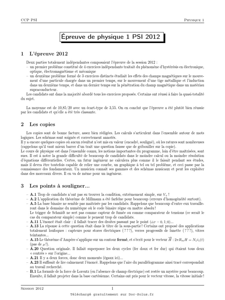Épreuve de Physique 1 PSI 2012 : Analyse | PDF | Champ magnétique | Vitesse