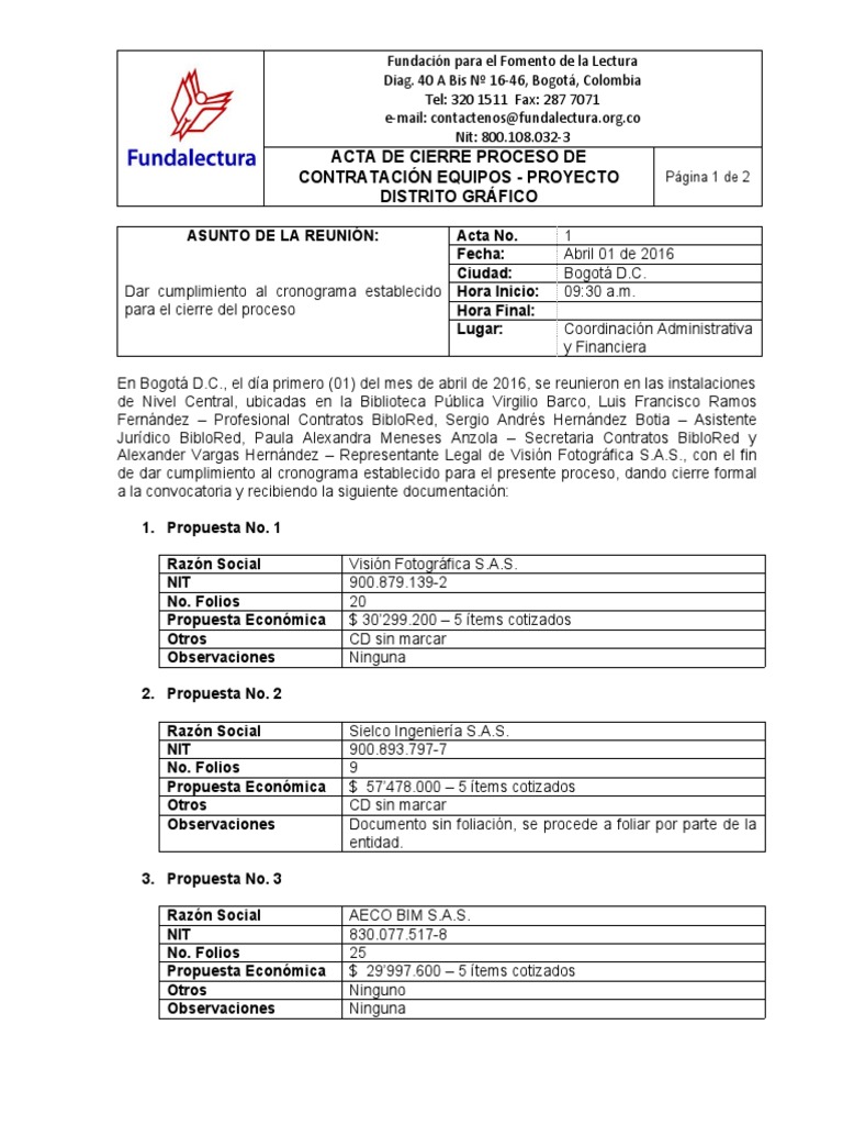 Acta de Cierre Proceso de Contratación Equipos - Proyecto Distrito ...