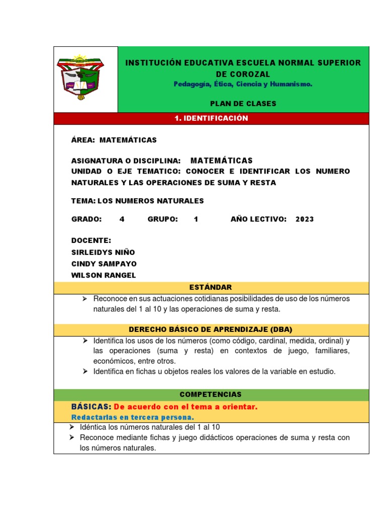 Plan de Clases de Matematicas | PDF | Aprendizaje | Sustracción