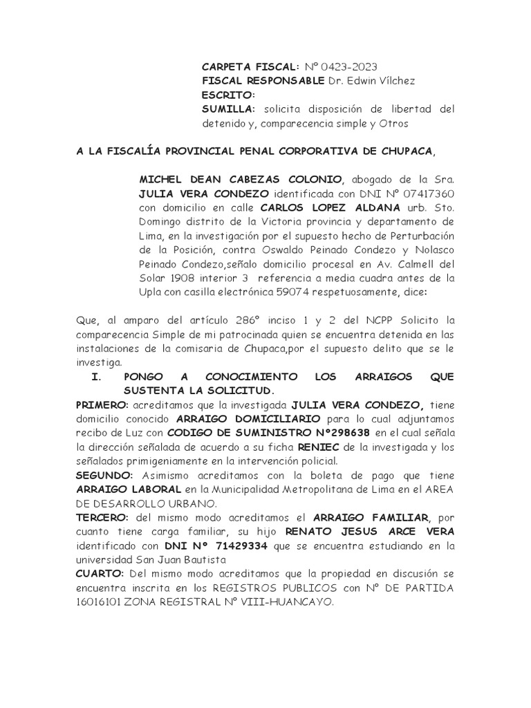 Sustento arraigos y solicito comparecencia simple pdf ley procesal