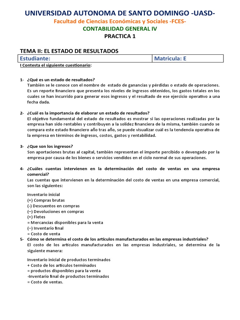 Contabilidad General IV: Práctica 1 | PDF | Estado de resultados ...