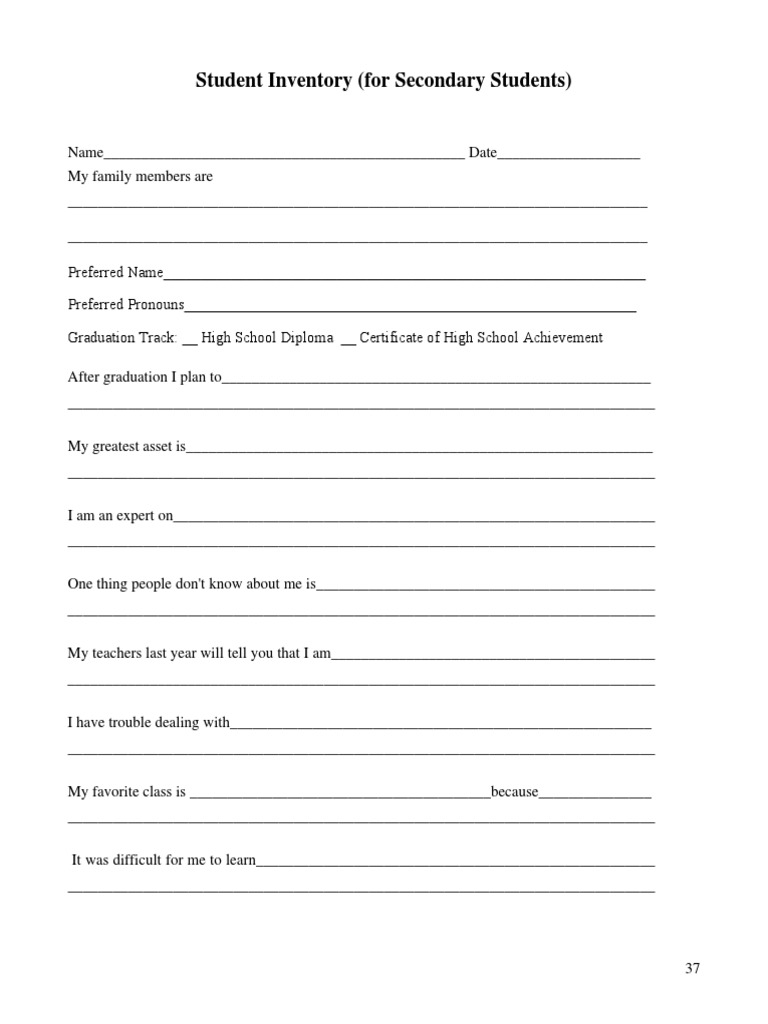 Student Inventory (For Secondary Students) | PDF