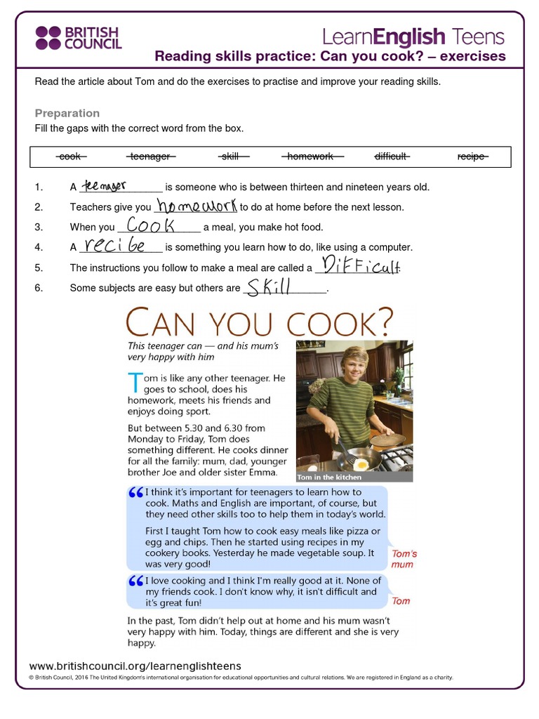Reading Skills Practice: Can You Cook? - Exercises: Preparation | PDF ...