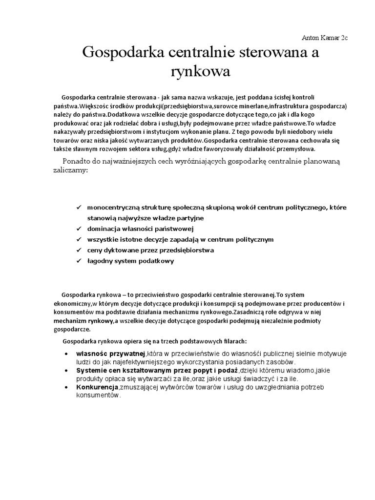 Gospodarka Centralnie Sterowana A Rynkowa: Anton Kamar 2c | PDF