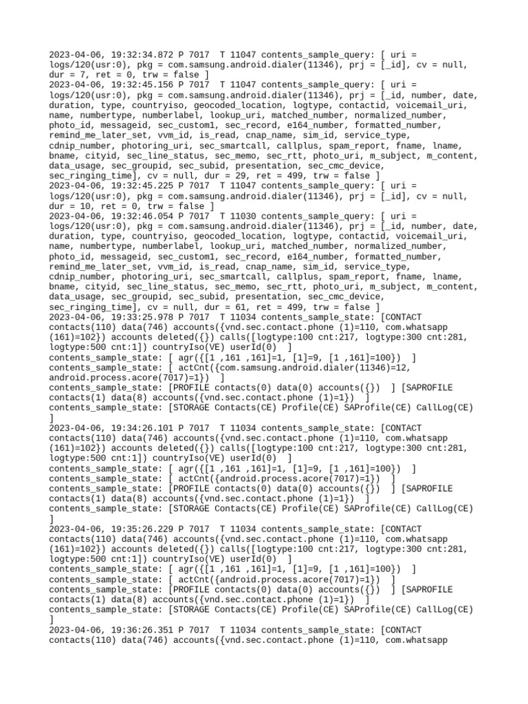 Periodic logs detailing contact call log and app usage data from a