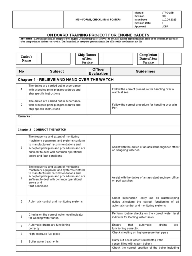 Tro 16B On Board Training Project For Engine Cadets PDF Marine
