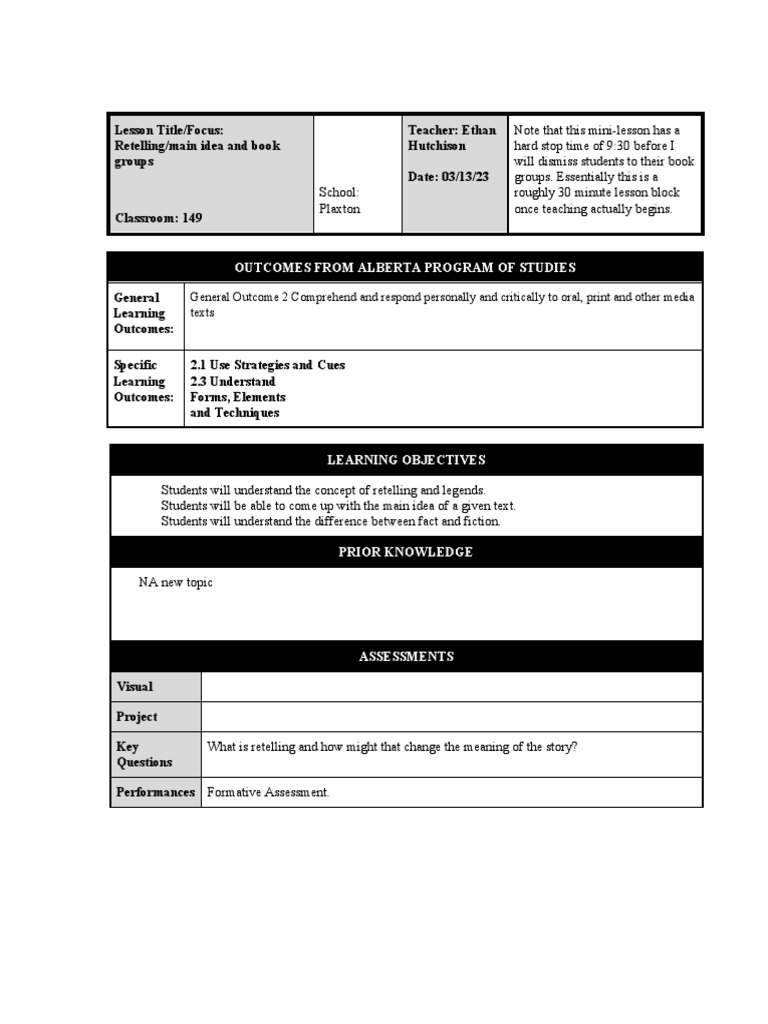 March 13th Literacy Lesson Plan PDF Classroom Learning