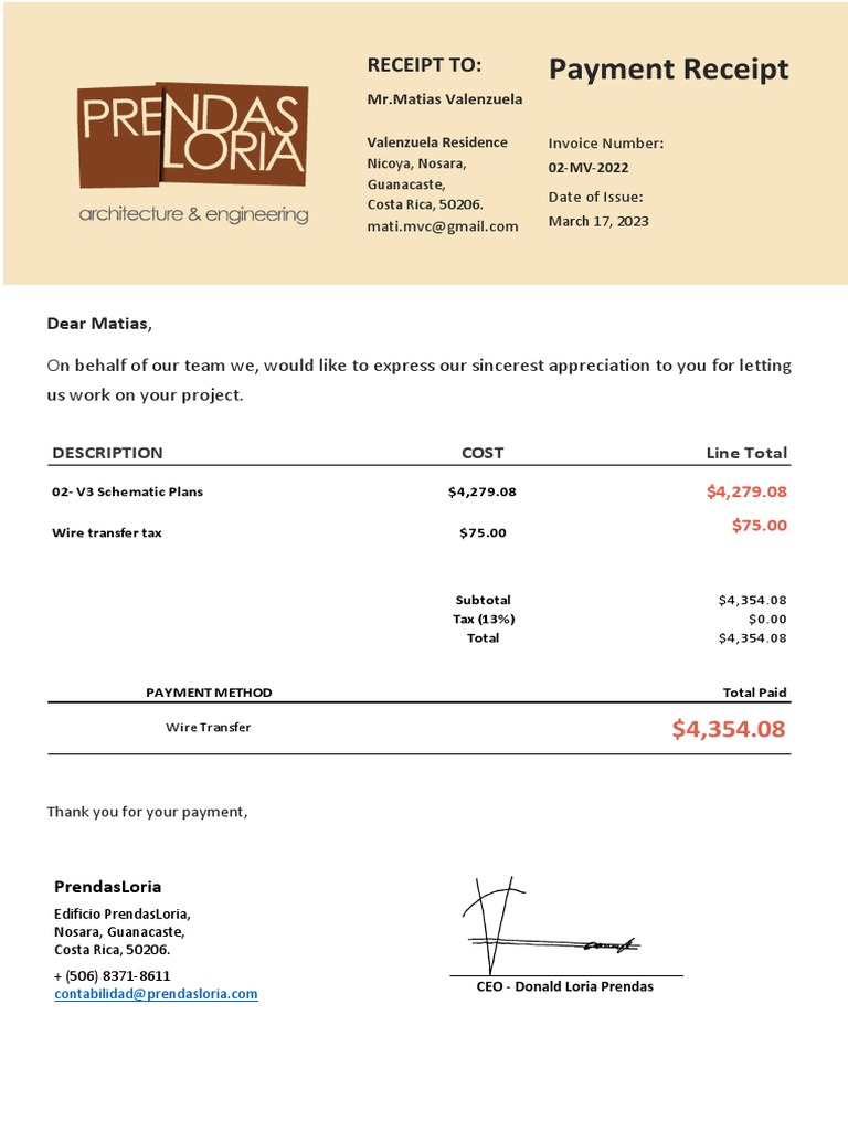 Payment Receipt for Architectural Plans and Schematic Designs for ...