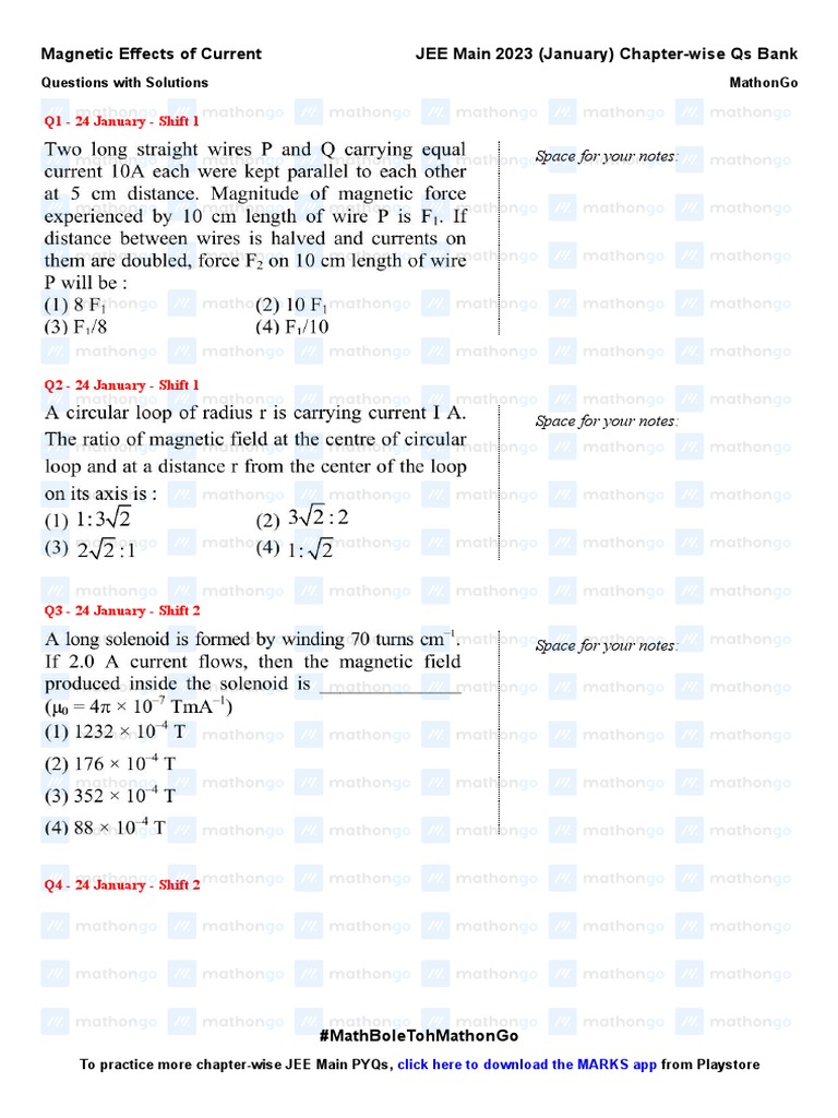 Magnetic Effects of Current - JEE Main 2023 January Chapter Wise ...