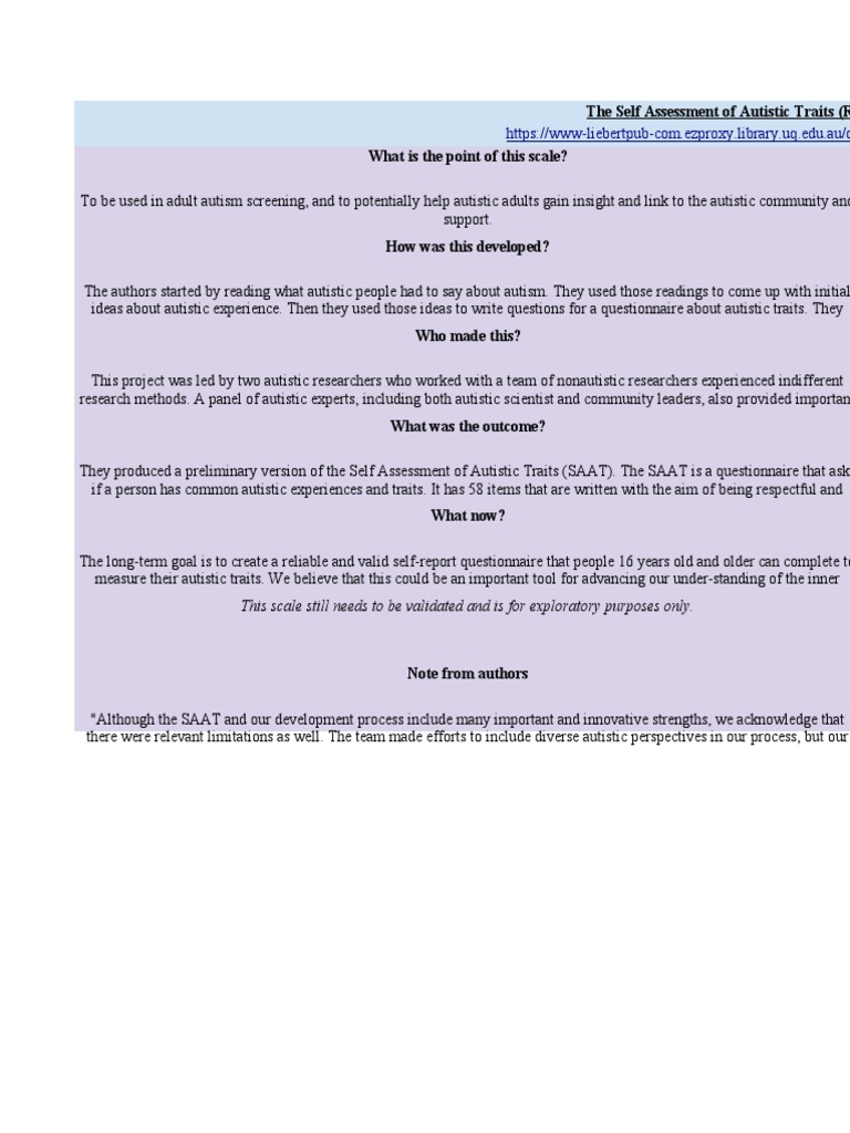 Self Assessment of Autistic Traits | PDF | Autism Spectrum | Self ...