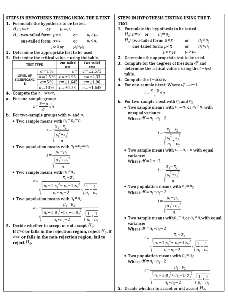 Steps in hypothesis testing using the z pdf student s t test