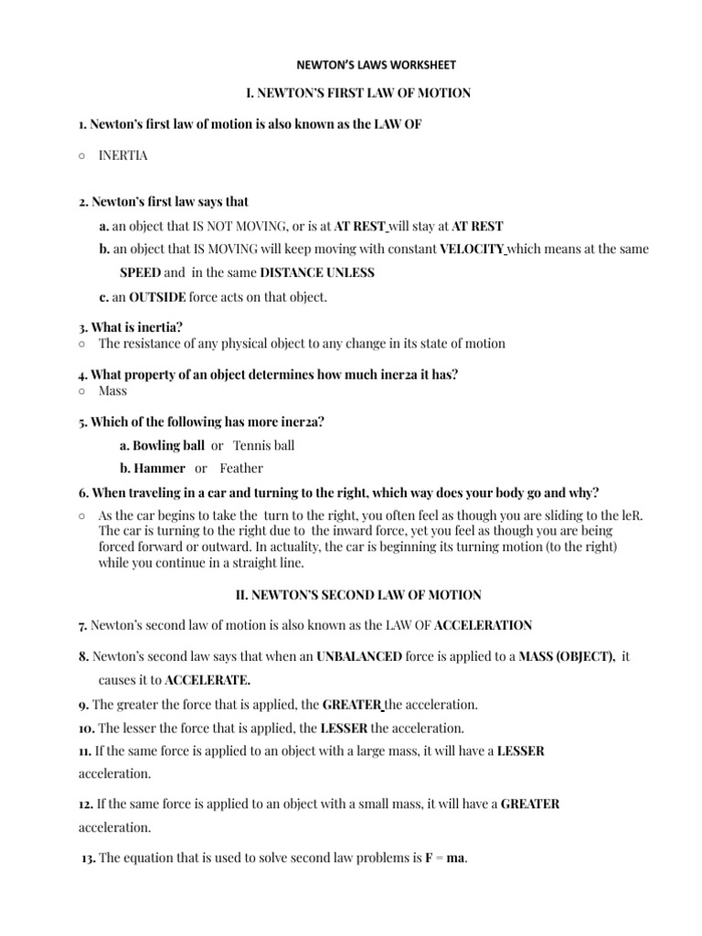 Newtons Laws Worksheet | PDF | Force | Friction
