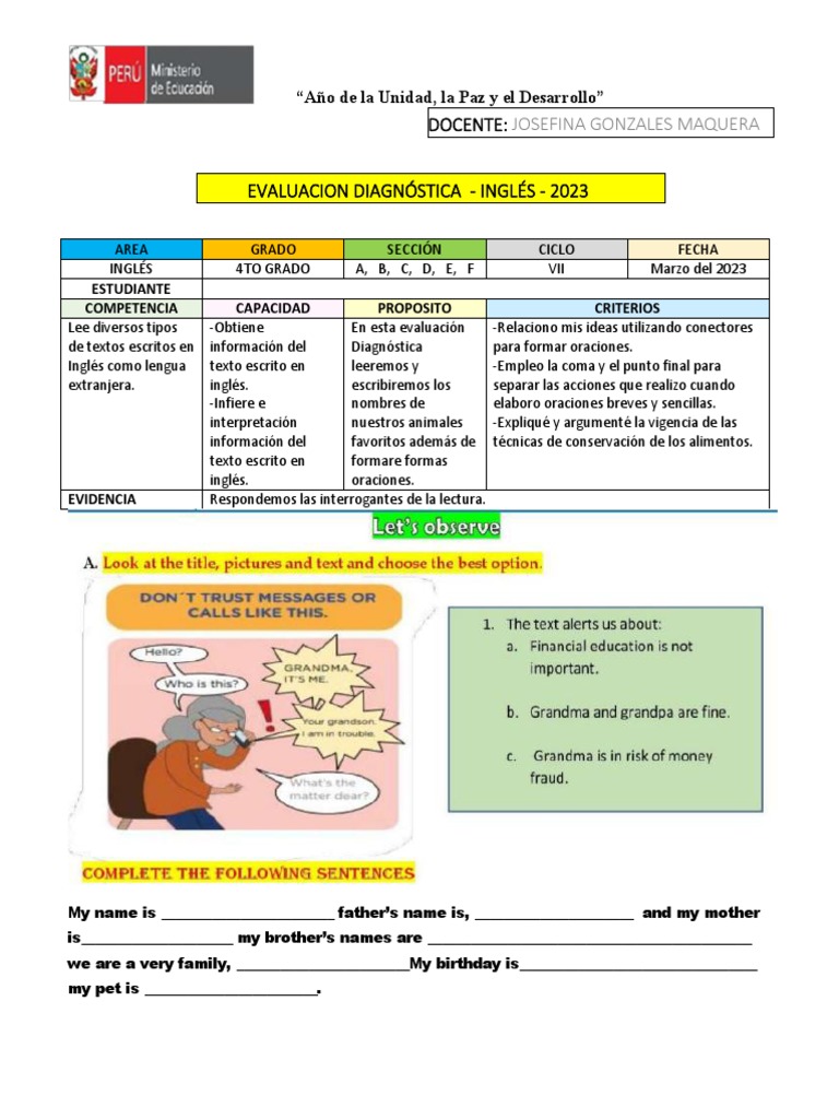 Evaluación Diagnóstica de Inglés 4to Grado | PDF | Evaluación | Cognición
