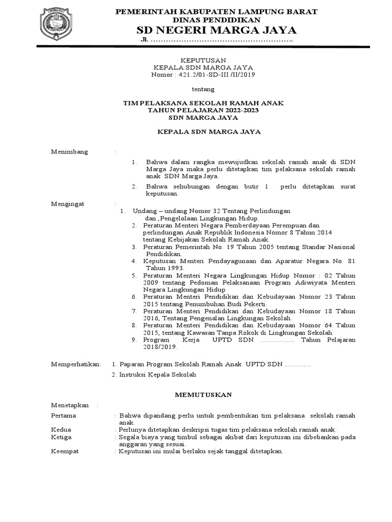 Contoh SK Tim Sekolah Ramah Anak | PDF
